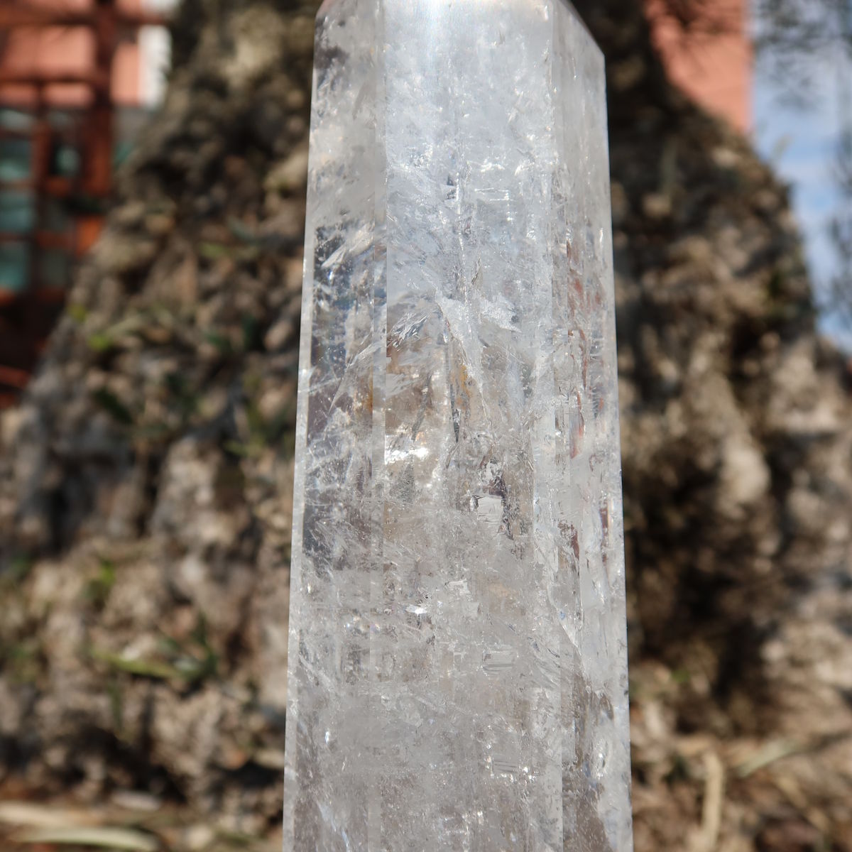 Bergkristall, Quarz, Obelisk geschliffen UNIKAT Nr. 13 vor einem Baum, polierter Kristallturm, einzigartig.