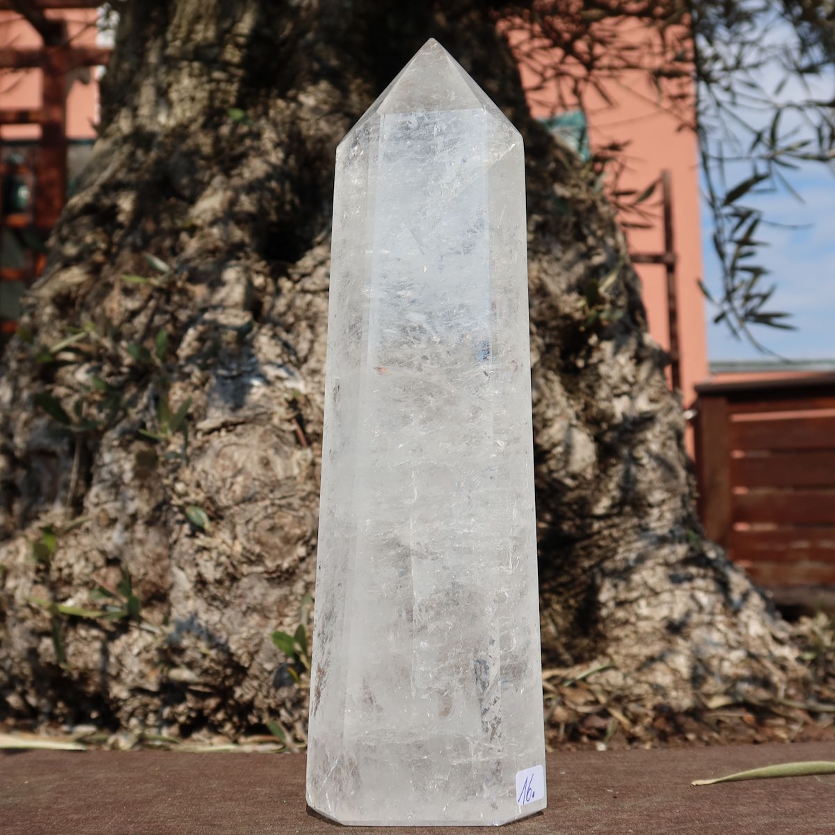 Bergkristall, Quarz, Obelisk geschliffen UNIKAT Nr. 16 vor einer Baumrinde, zeigt die klare Struktur des natürlichen Kristalls.