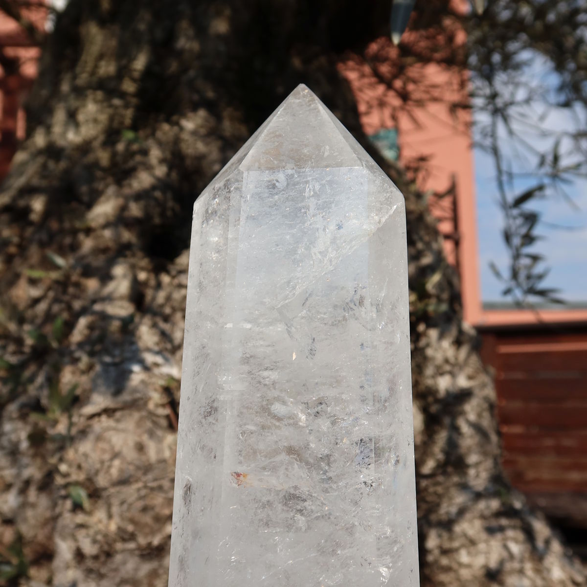 Bergkristall, Quarz, Obelisk geschliffen UNIKAT Nr. 16 vor einer Baumrinde, zeigt die klare Struktur des natürlichen Kristalls.