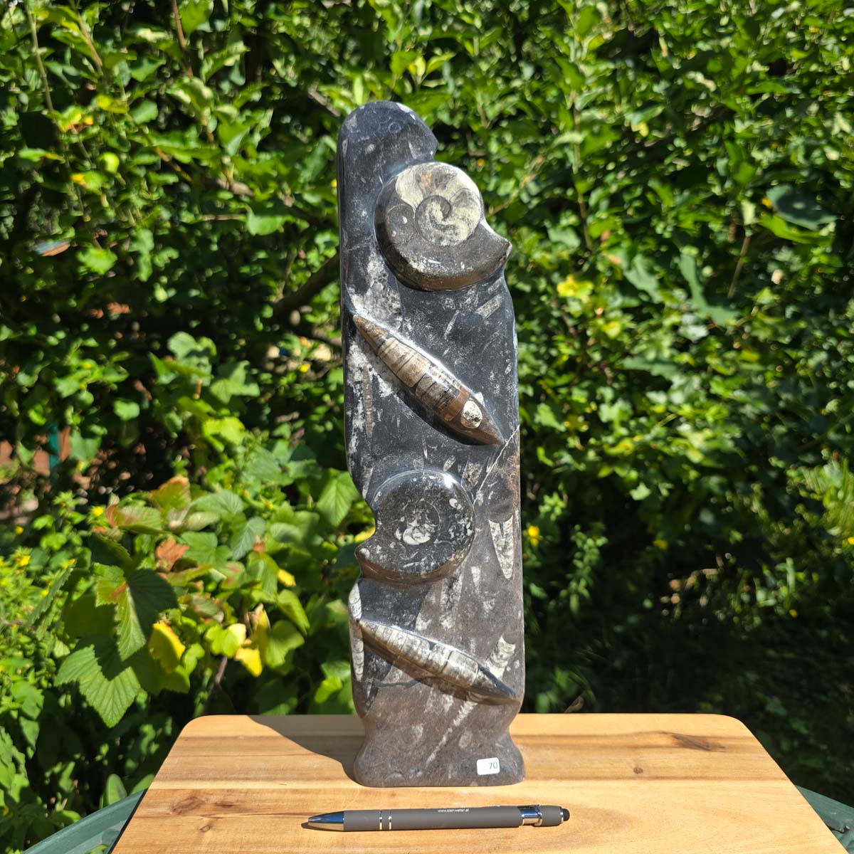 Dekorative handgefertigte Steinskulptur mit Ammoniten und Orthoceren (Fossilien) – 40x10x8cm - Nr. 70