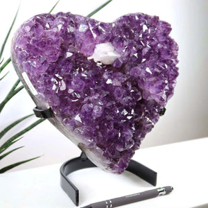 Amethyst Druse Amethyst Geode in Herzform mit Metallsockel 21x20cm - NR-25, funkelndes violettes Herz aus brasilianischem Amethyst.
