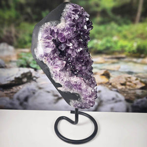 Uruguay Amethyst Drusen Geode on metal stand with deep purple crystals, perfect for home decor.