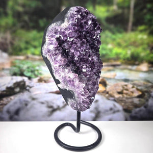 Uruguayan Amethyst Drusen Geode with deep purple crystals on metal stand, ideal for home decor and energy balance.