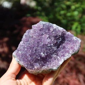 Hand holding Amethyst Drusen Stück 1A Qualität, 10x9cm, unique Uruguayan geode for harmony and spirituality. Onlin Shop kaufen.