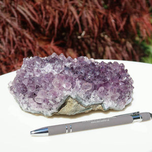 Amethyst druse 15x8cm, high-quality geode, enhancing harmony and spirituality, shown with pen for scale, unique piece.