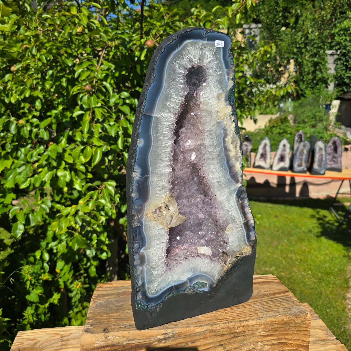 Amethyst Druse – Geode - 45x22cm und 17,4kg – Steinwelten OG - Nr. 347, helle Kristalle im Freien, Brasilien, natürliche Geodenstrukturen