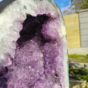 Close-up view of an Amethyst geode showing deep purple crystals, enhancing a garden background.