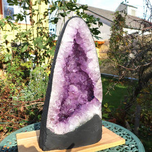Unique Amethyst druse geode displayed outdoors, showing deep purple crystals perfect for meditation and home decor.