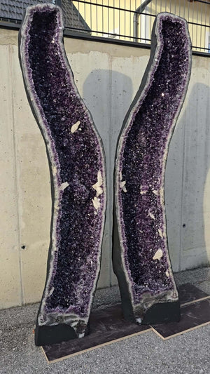 Pair of large AA-quality Amethyst geodes with intense dark purple crystals, standing against a concrete wall, perfect for luxurious spaces.