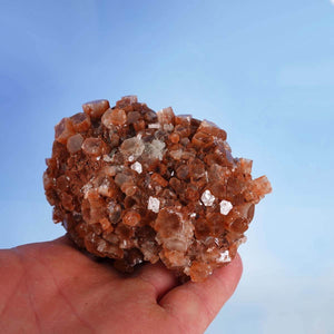 Hand holding natural raw Aragonite crystal cluster, 10x8 cm, ideal for collectors and mineral enthusiasts.