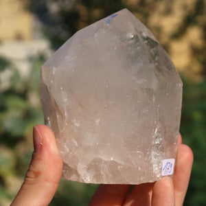 Hand holding polished Brazilian quartz crystal point for clarity and meditation, 8x7 cm.
