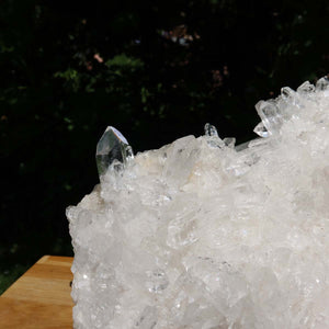 Close-up of a raw Brazilian Bergkristall crystal cluster on a wooden surface, showcasing natural clarity and rugged beauty.