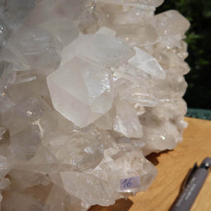 Close-up of large Brazilian Bergkristall crystal formation with clear tips, unique piece number 16 on a wooden surface.