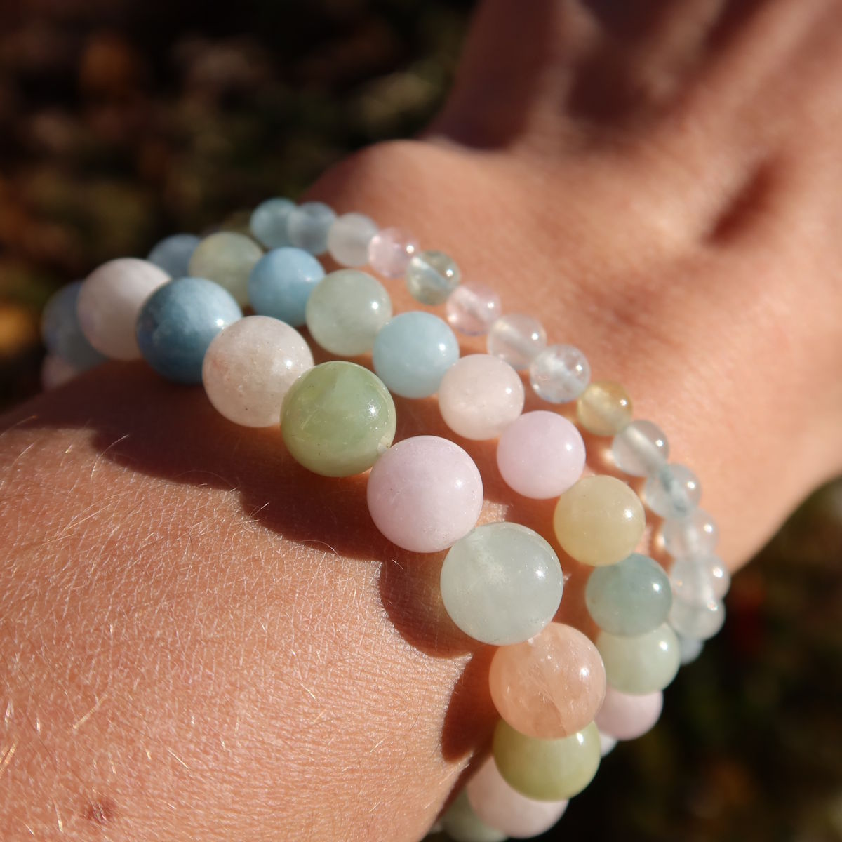 "Beryll Mix Qualität Edelstein Armband - 1 Stück - in Varianten 4-6-8 oder 10mm, featuring aquamarine, morganite, and heliodor."