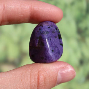 Charoit Handschmeichler 25mm UNIKAT Nr. 6 in hand, deep violet gemstone from Russia. Available online, great for pendants and necklaces.