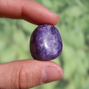 Charoit Handschmeichler 23mm in Hand, tiefviolett, kaufen Online bei Steinweltn Graz und Wiener Neustadt, ideal für Ketten und Anhänger.