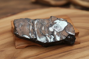 Edelschungit Rohstein - 53x26mm Harmonie und Schutz - UNIKAT Nr.29 auf Holzbrett, Naturmineral aus Karelien zur Wasseraufbereitung