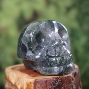 Aktinolithquarz Kristallschädel handgefertigt auf Holz, außergewöhnliche Form - 8x6 cm Nr. 279