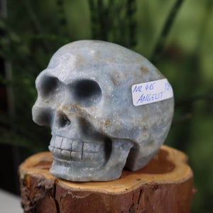 Handcrafted Angelite-Anhydrite crystal skull, unique collector's piece resting on wooden surface, labeled Nr. 415, size 6x6 cm.