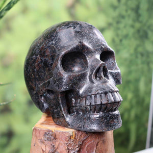 Handcrafted Anthophyllite crystal skull on wooden base, 12x9 cm size, unique Totenkopf Natur Stein from Steinwelten collection.