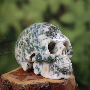 Handcrafted tree agate crystal skull collector's item, unique stone design from Steinwelten, available online. Size: 6x5 cm.