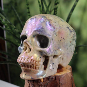 Handcrafted natural stone crystal skull with unique patterns, 12x9 cm. Collectible item for mineral enthusiasts. Graz and Wiener Neustadt.
