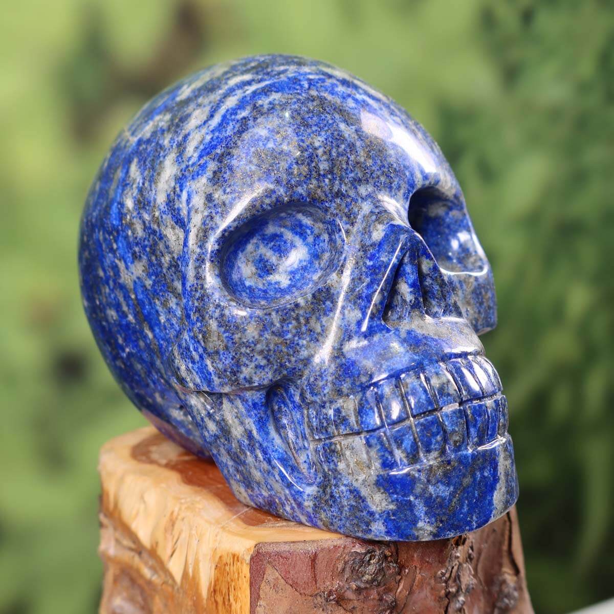 Lapislazuli Kristall Schädel - handgefertigtes Sammlerstück aus Flecklapis, 11x9 cm, faszinierendes Design.
