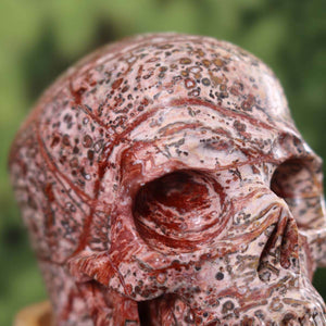 Handcrafted Rhyolite Leopard Skin Jasper Crystal Skull, 12x9 cm, unique gemstone art, available at Graz and Wiener Neustadt.