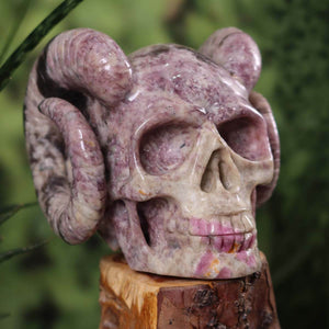 Handcrafted large XL Lepidolite crystal skull with pink Tourmaline and horns on wooden stand, unique collectible from Steinwelten.