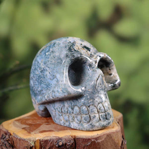 Handcrafted Moss Agate Crystal Skull on Wood Stand - Unique Mineral and Gemstone Collectible