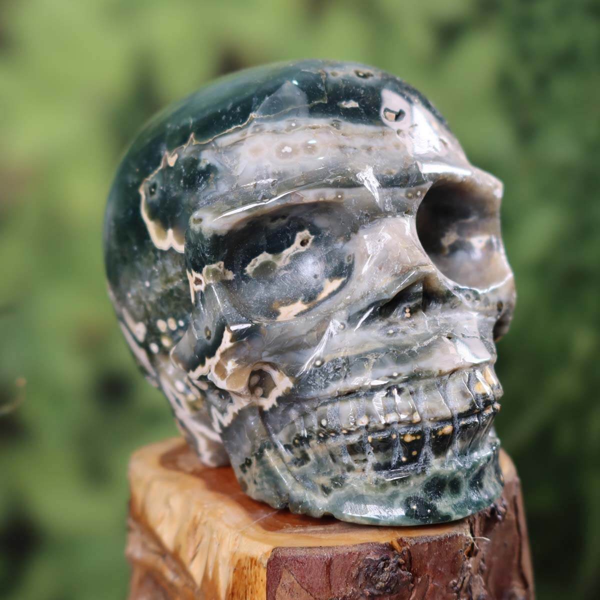Ozeanchalcedon Kristall Schädel handgefertigt - 10x9 cm Nr. 214 auf einem Holzblock präsentiert.