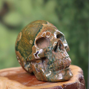 Handcrafted Rhyolith crystal skull with unique shape, exceptional collector's item from Steinwelten, ideal for online purchase.