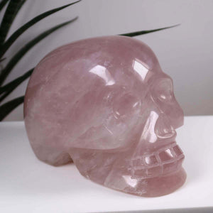 Handcrafted XL rose quartz crystal skull, unique mineral collector's piece from Steinwelten, elegant decor, 16x11 cm, high quality.