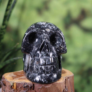 Handcrafted sediment stone crystal skull, unique gemstone sculpture 8x6 cm on wood, vibrant natural design.