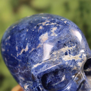 Handcrafted sodalite crystal skull with unique shape, ideal mineral and gemstone collector's item from Steinwelten.
