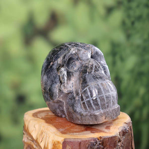 Handcrafted tourmaline quartz crystal skull with unique shape, collectible item measuring 7x6 cm on wooden base.