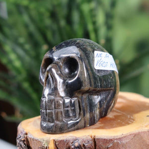 Handcrafted petrified wood crystal skull on display, unique and collectible, available at Steinwelten Graz and Wiener Neustadt.