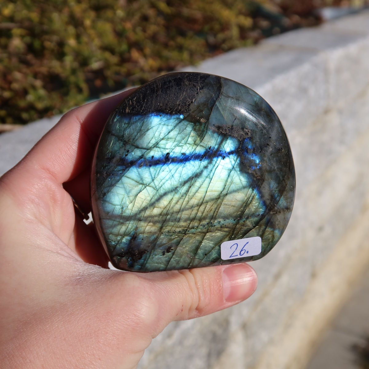 Labradorit Freiform poliert - 7x7cm - Intuition und Kreativität Nr.26 in Hand, zeigt faszinierende Farbspiele.