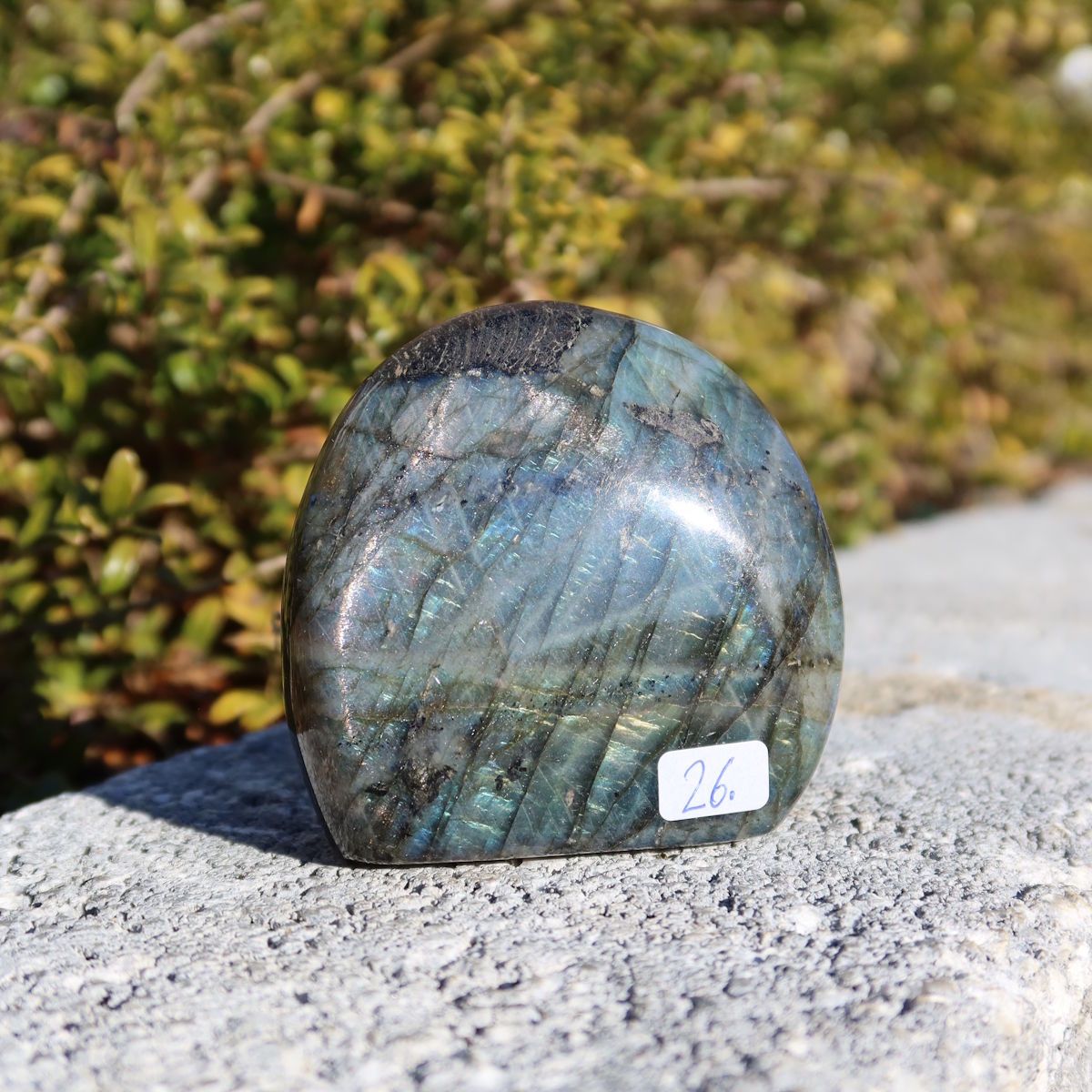 Labradorit Freiform poliert - 7x7cm - Intuition und Kreativität Nr.26 in Hand, zeigt faszinierende Farbspiele.