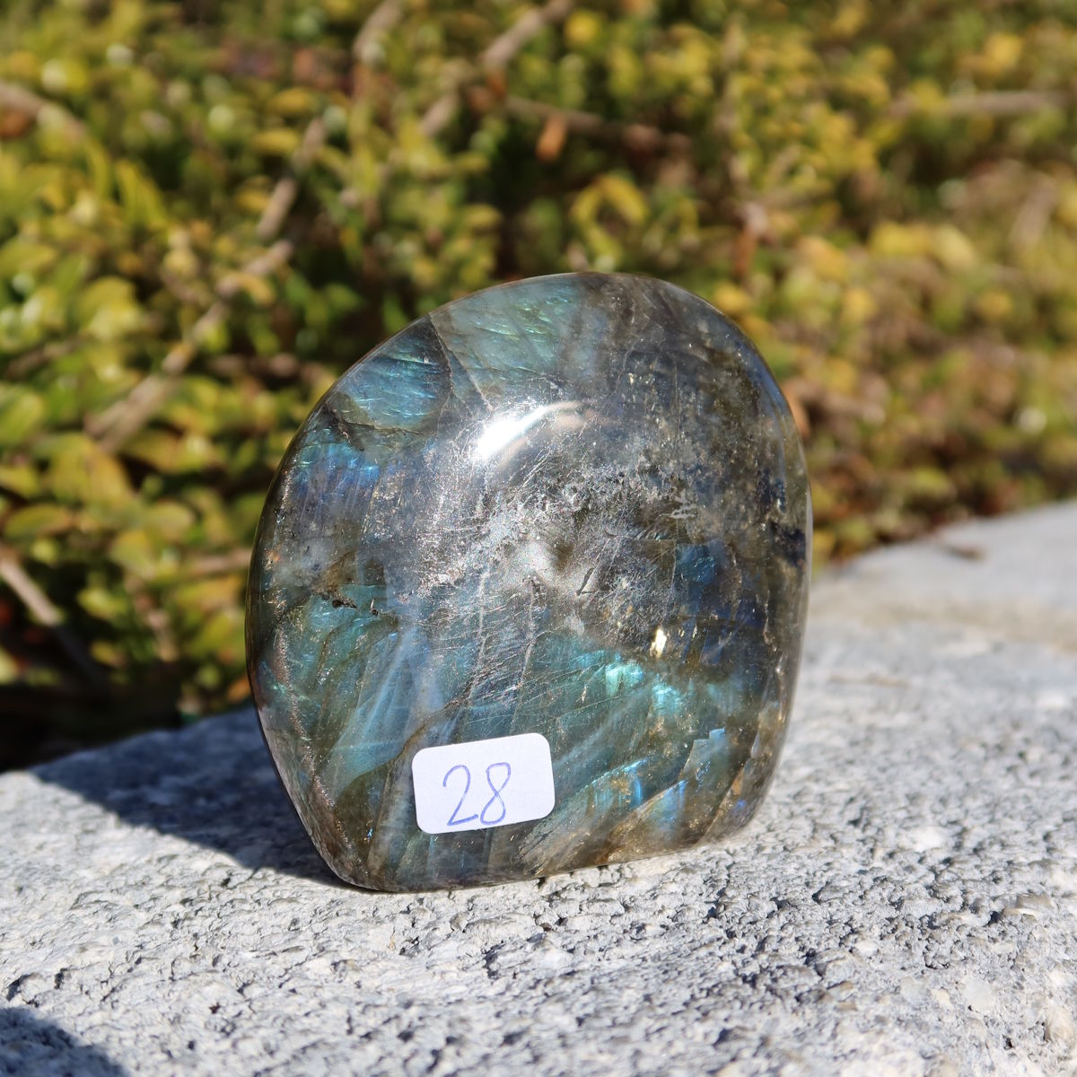 Labradorit Freiform poliert - 6x6cm - Intuition und Kreativität Nr.28 mit einzigartigem Farbspiel auf polierter Oberfläche.