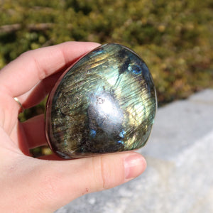 Labradorit Freiform poliert - 6x6cm - Intuition und Kreativität Nr.3 in der Hand gehalten mit schimmernden Blau-Grün-Tönen