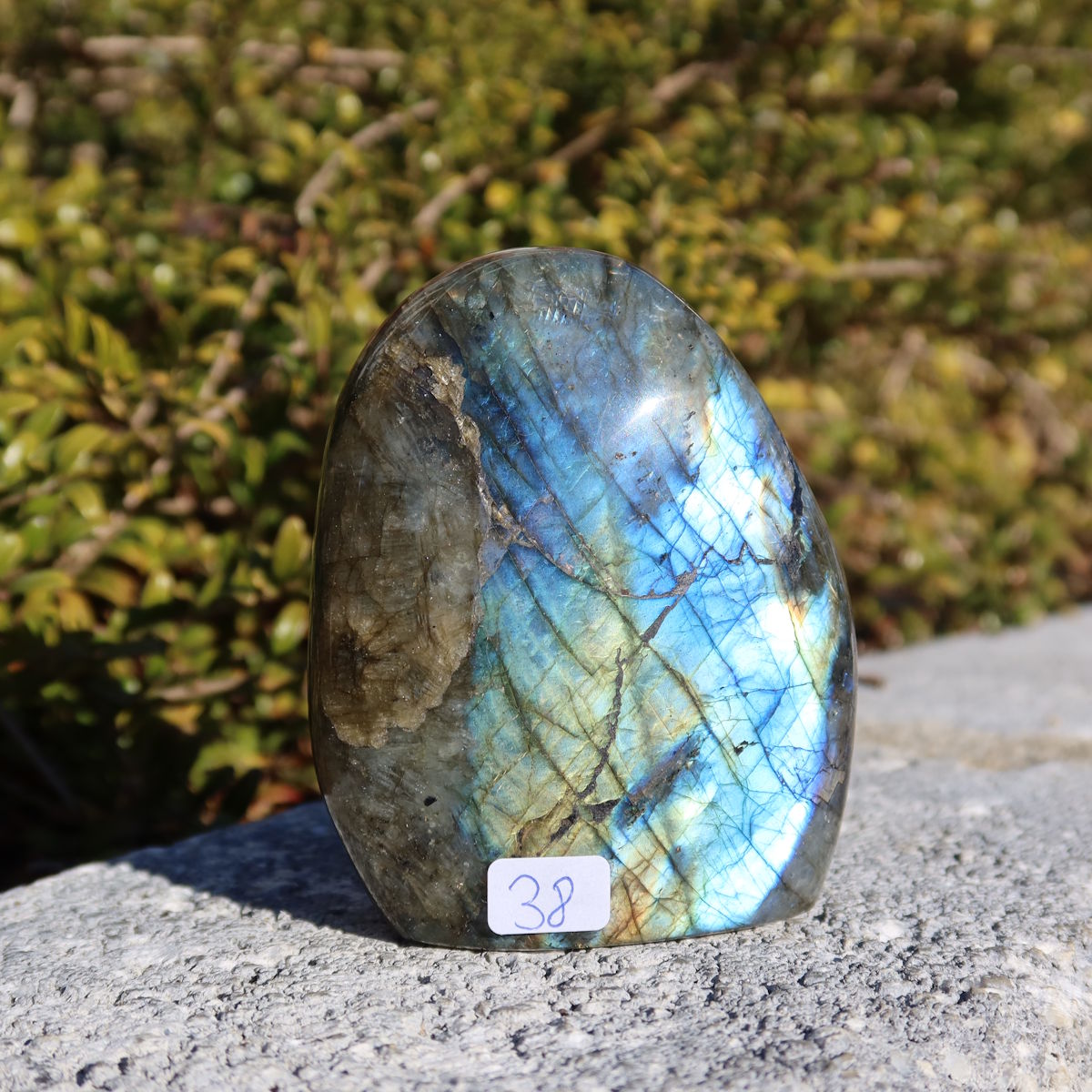 Labradorit Freiform poliert - 8x7cm - Intuition und Kreativität Nr.38 mit faszinierendem Farbspiel in Blau und Gold.