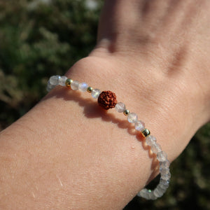 Labradorit mit Rudraksha Armband auf einem Handgelenk, kombiniert edlen Glanz und natürlichen Stil.