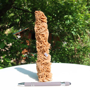Tall Moroccan Sandrose sculpture beside a pen, showcasing intricate gypsum crystal formations on a white surface in a garden setting.