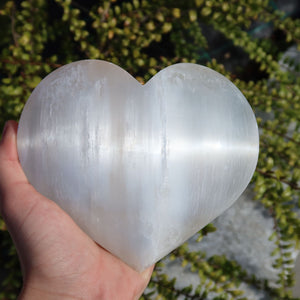 Selenit Herz XL (13-14cm) - Schutzstein für Stabilität und Nervenstärkung in Hand gehalten.