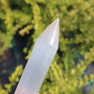 Selenit Massage Griffel mit Spitze- Akupunktur-Massagestab - 15cm auf grünem Hintergrund.