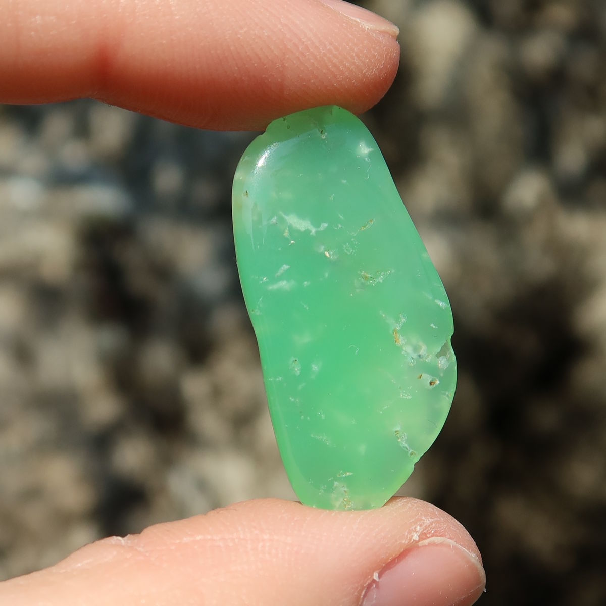Chrysopras Handschmeichler - Selbstliebe und Vertrauen - Nr. 16 in leuchtendem Grün, von einer Hand gehalten.