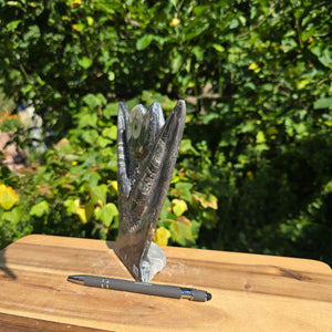 Dekorative handgefertigte Steinskulptur mit Ammoniten und Orthoceren (Fossilien) – 18x16x5cm - Nr. 82 auf Holzuntergrund