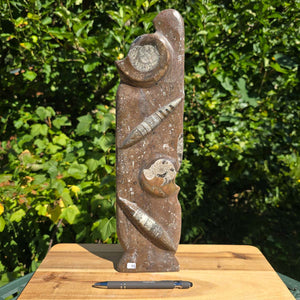 Dekorative handgefertigte Steinskulptur mit Ammoniten und Orthoceren (Fossilien) – 40x10x8cm - Nr. 68