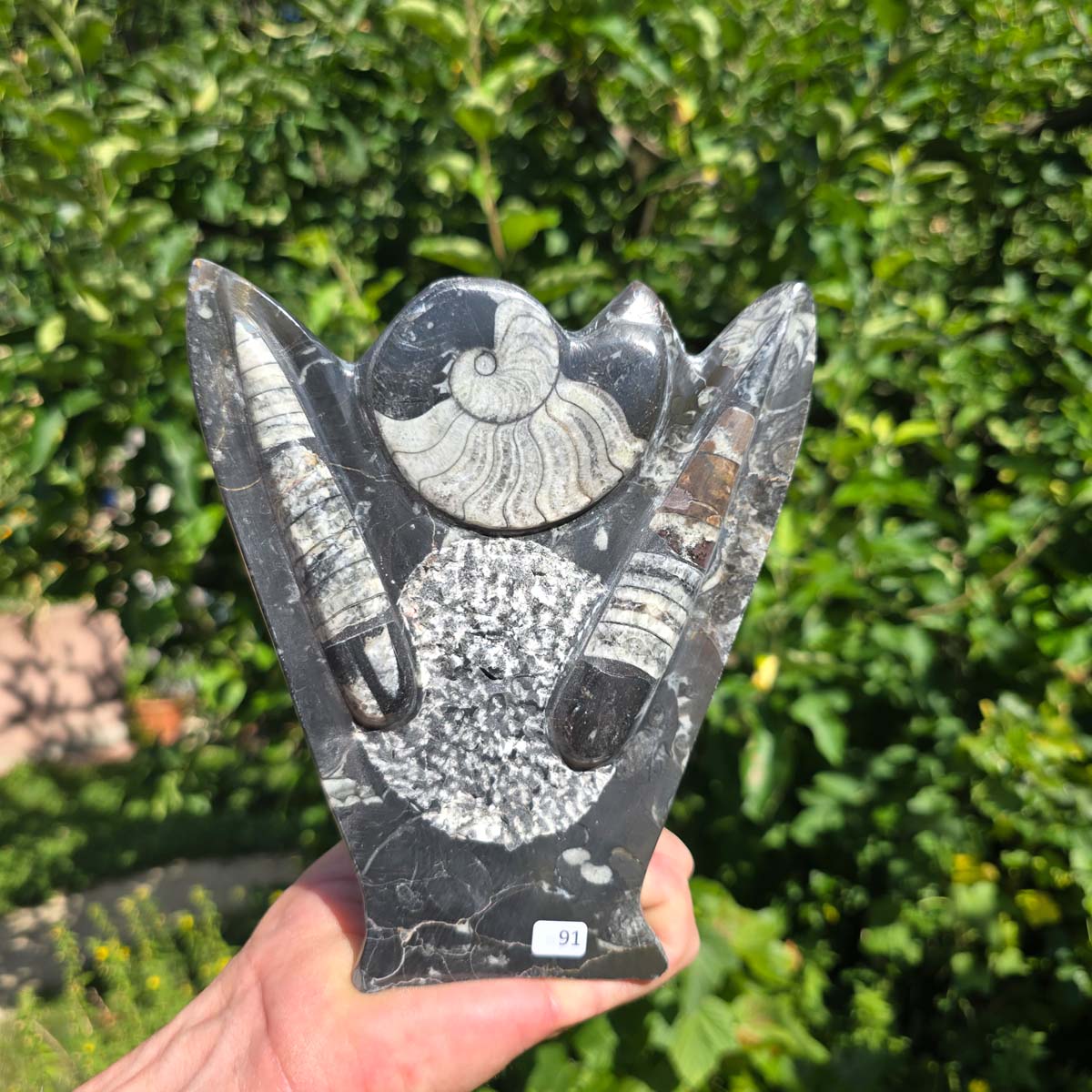 Dekorative handgefertigte Steinskulptur mit Ammoniten und Orthoceren (Fossilien) – 18x16x5cm - Nr. 91 in Hand.